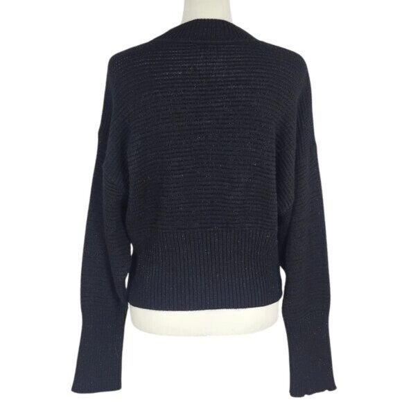 Y2K Express Cropped Sparkly Sweater Sz M Mock Neck Black Silver Chunky Relaxed - Picture 2 of 6